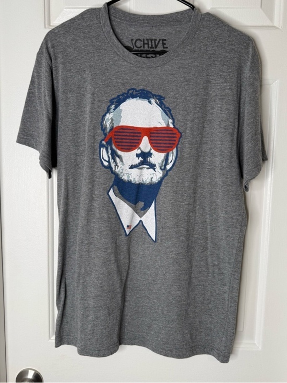 Chive Tees Gray Short-Sleeve Graphic Tee Red & Blue Print- Bill Murray USA Flag